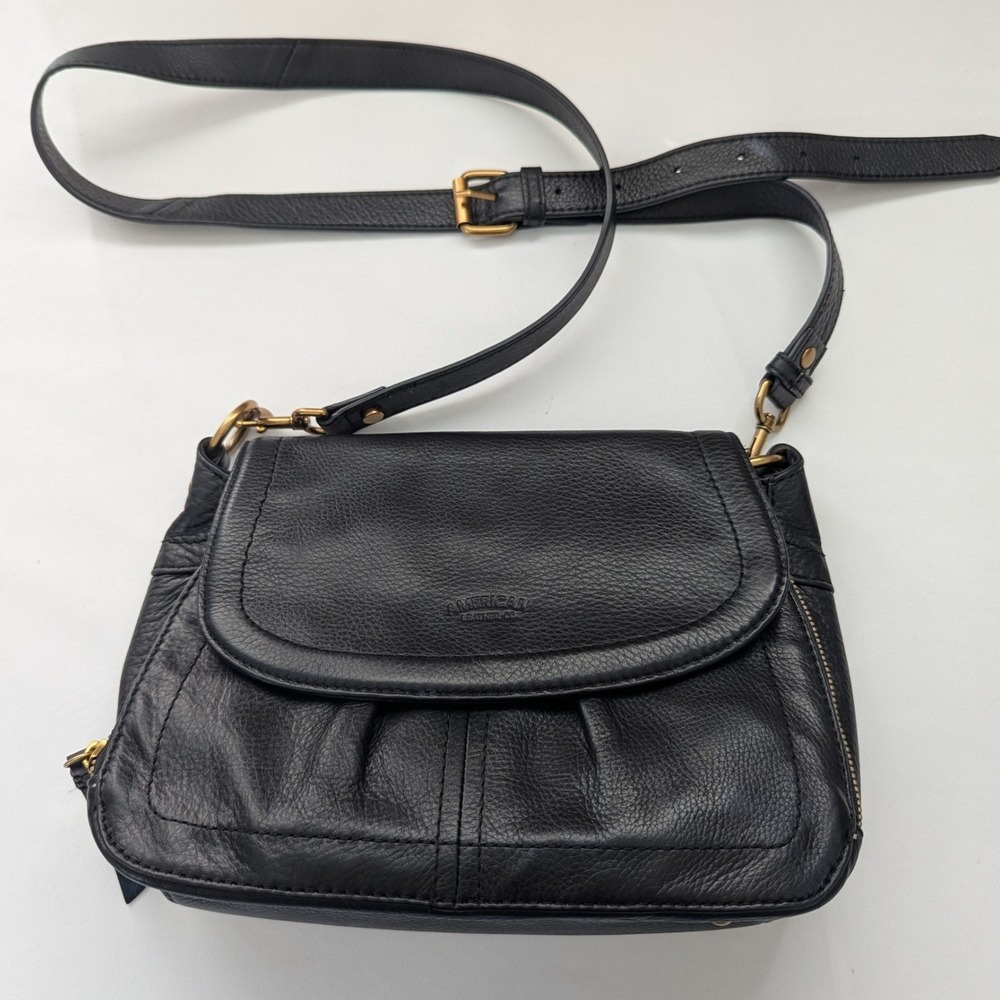 American Leather Co Crossbody Bag Womens Black Pebbled Leather Multi-Pocket